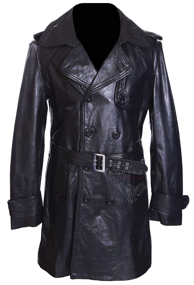 H.E U.S ARMY BLACK (TC9241R) Men's Military Style Double Breasted Real Soft Lambskin Leather Overcoat Trench Coat (SIZES: XS TO 5XL Available) (XS)