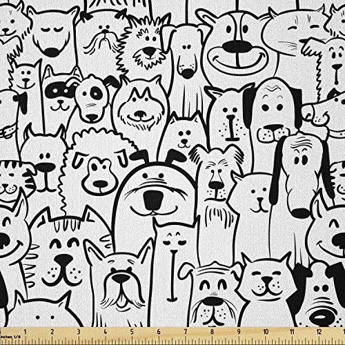 Image of Ambesonne Dogs Fabric by The Yard, Monochrome Doodle Art Composition with Cheerful Animals Smiling Pet Faces, Microfiber Fabric for Arts and Crafts Textiles & Decor, 2 Yards, Charcoal Grey and White