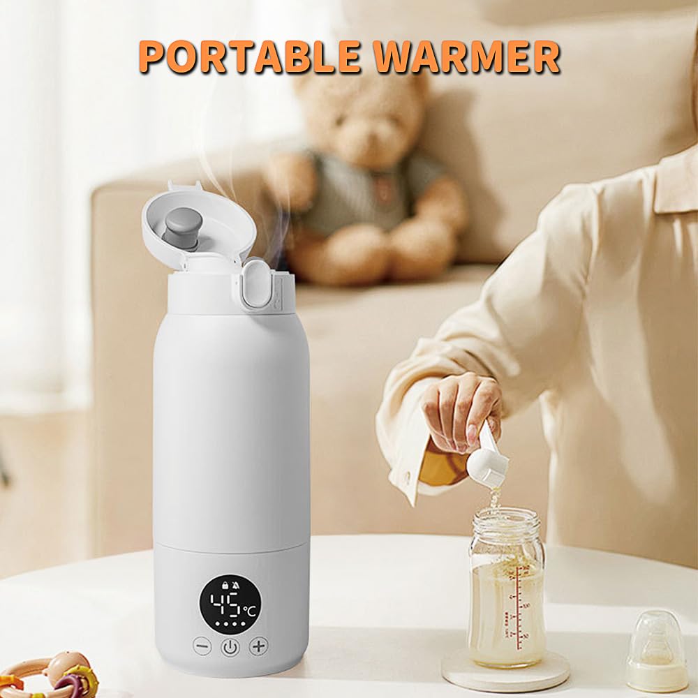Chauffe-biberon portable de 500 ml - Chauffe-biberon pour bébé en déplacement, chauffe rapidement le lait maternel et l'eau, réglable de 35 à 70 degrés, rechargeable par USB (blanc)