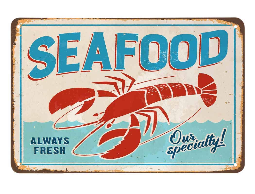 SMAZDFXX Seafood Shop Tin Sign,Grunge Poster With Lobster Vintage Metal Tin Signs for Cafes Bars Pubs Shop Wall Decorative Funny Retro Signs for Men Women 8"x12"