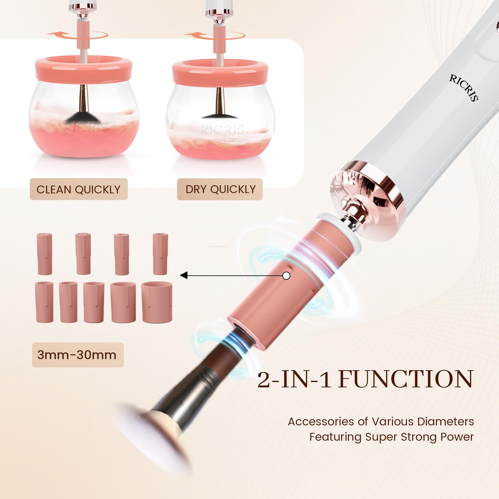 RICRIS Nettoyeur de pinceaux de maquillage électrique USB ultra rapide - Laveuse et séchoir à pinceaux de maquillage - Outil de nettoyage automatique des pinceaux cosmétiques - Nettoie et sèche en