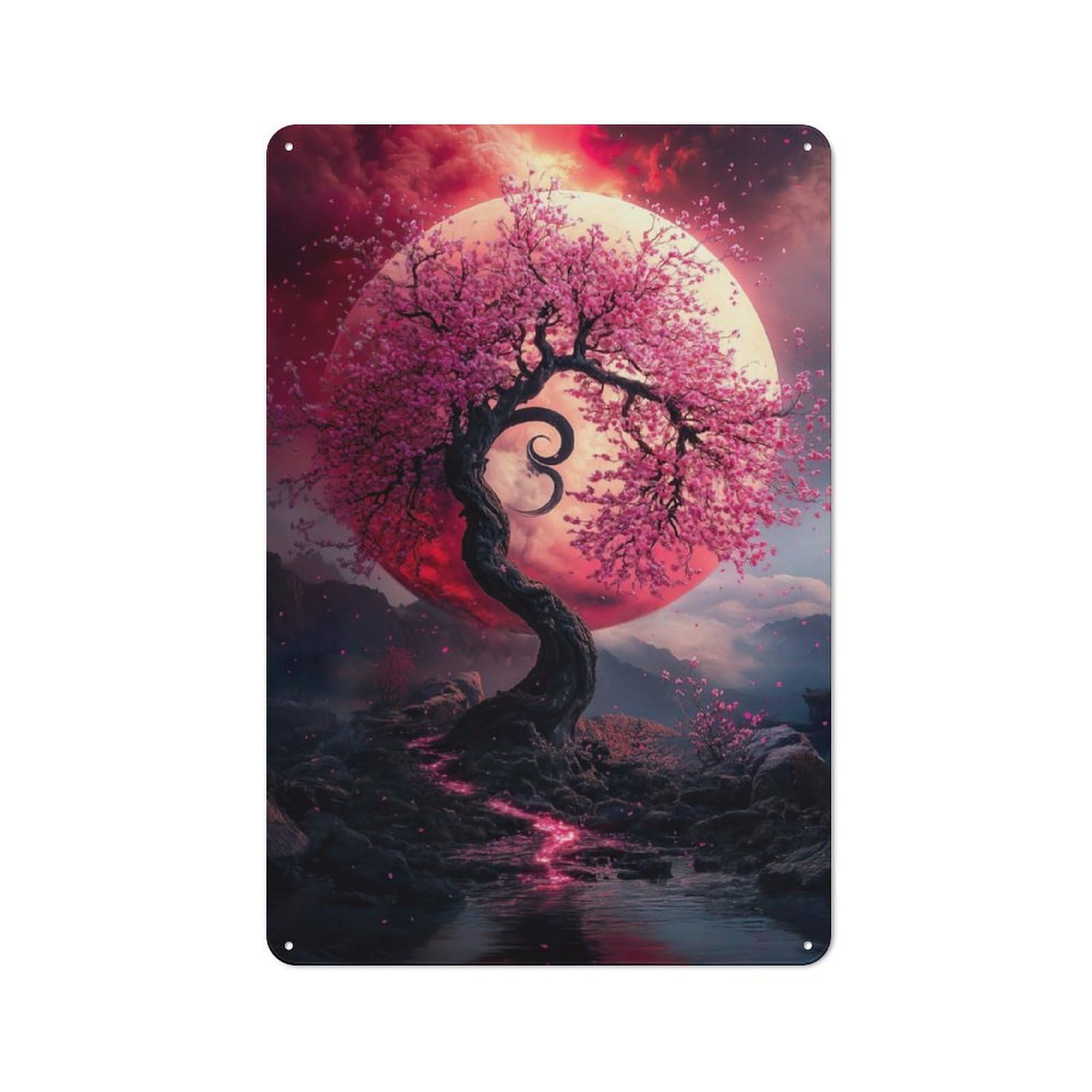 Junmoney Cherry Blossom Moonlight For Lounge Or Reading Corner, Rustic Tin Sign 30X20cm, For Home Interiors, Feature Walls And Decorative Displays
