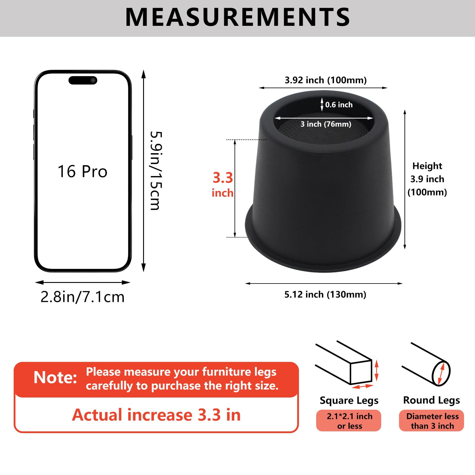 HANIHUA 9 Pack Bed Risers 4 inch Heavy Duty, Furniture Risers Table Risers Bed Lifts Risers for Sofa, Couch, Desk, Cabinet, Bed Frame Risers Supports Up to 3,600 Lbs Black