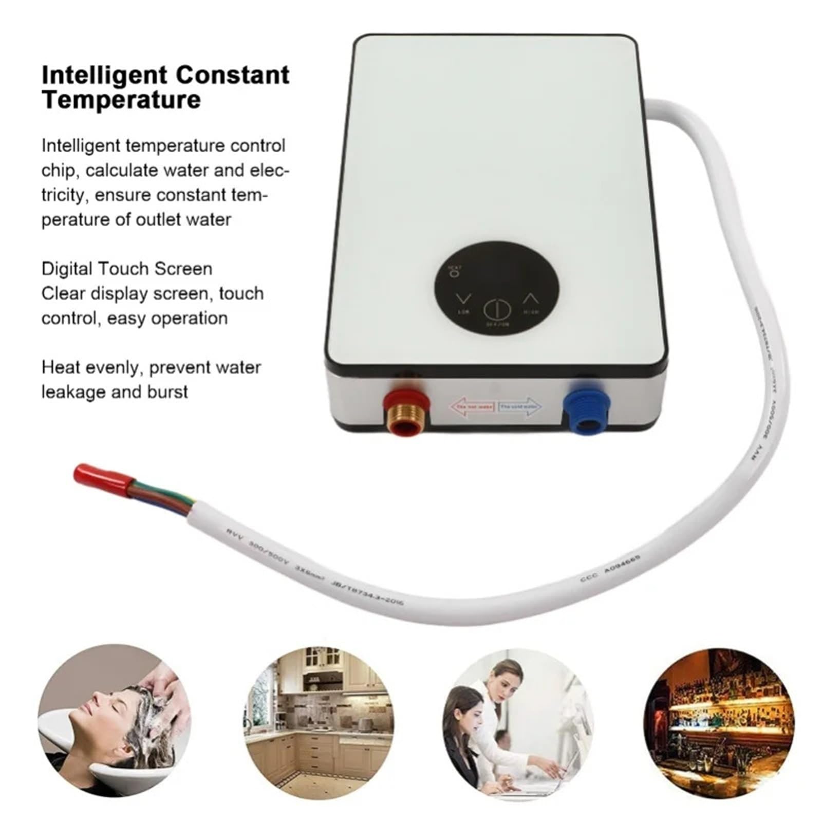 Calentador de agua, Calentador de agua instantáneo de 5500 W con pantalla táctil digital, control inteligente y temperatura constante.