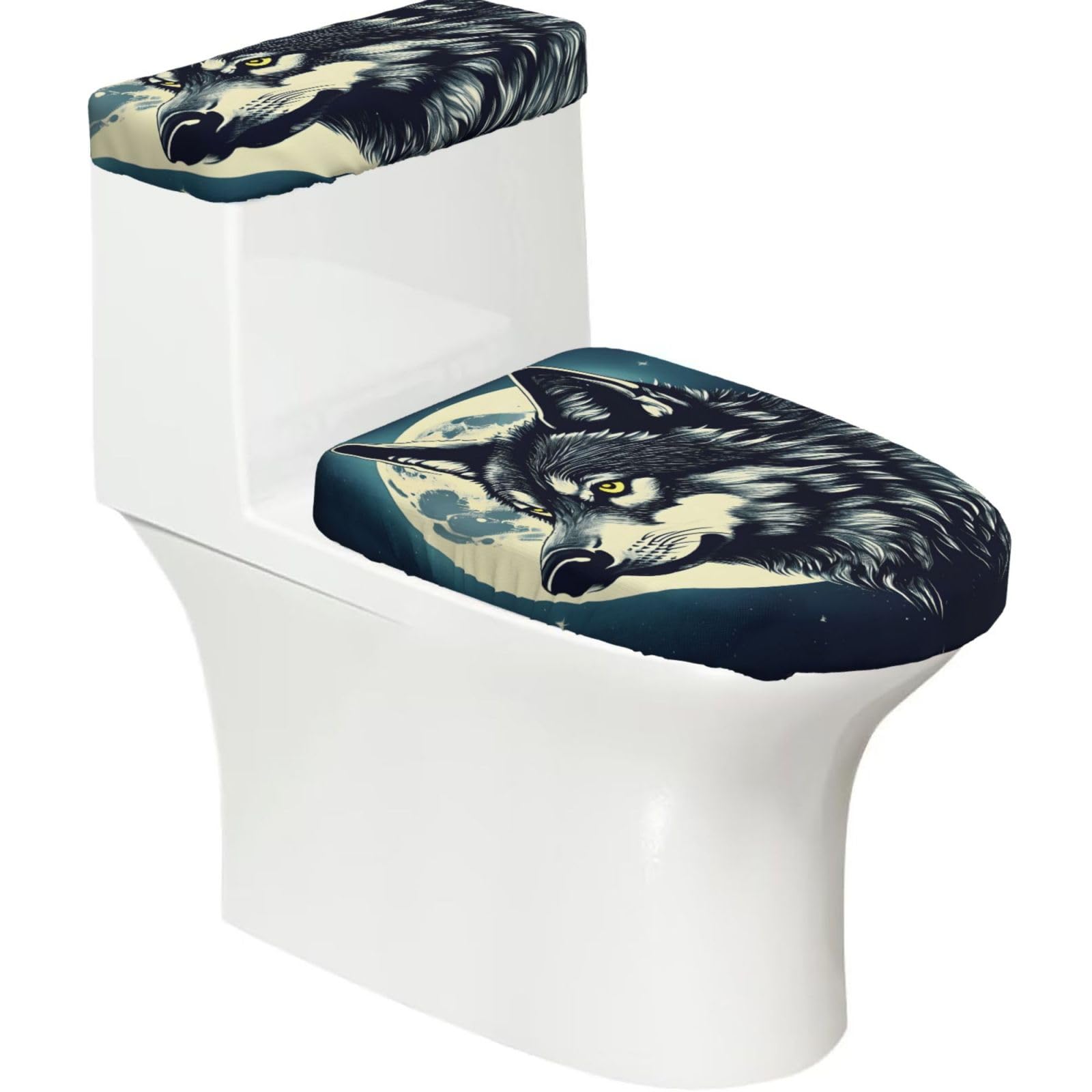 Wolf Night Moon Printed Toilet Tank and Lid Cover Set of 2 for Most Bathrooms, Fits Elongated Round Toilets