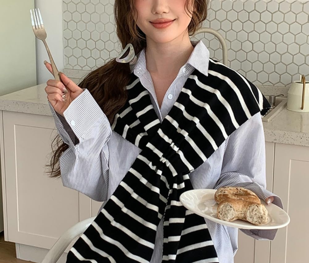 Women’s Striped Sweater Shawl Wrap Fashion Knitted Tie-Up Cardigan Cape Travel Pashmina Scarf Wraps Shoulder Top - Image 6