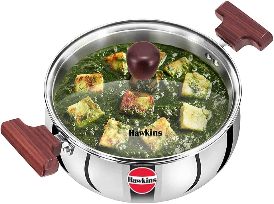 Hawkins 2 Litre Cook n Serve Handi, Triply Stainless Steel Handi with Glass Lid, Induction Sauce Pan, Biryani Handi, Saucepan, Silver (SSH20G)