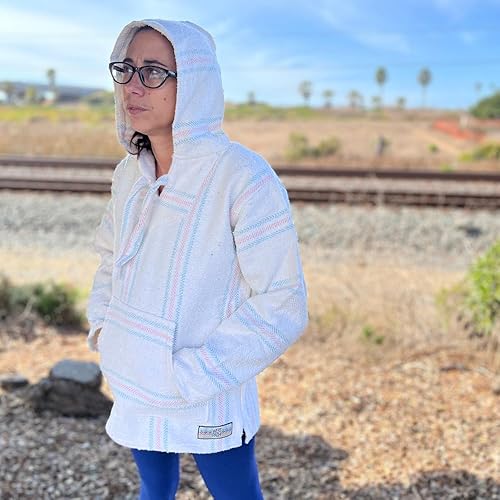 Miniatura 4 de Sudadera Baja con capucha auténtica para mujer, sudadera con capucha Drug Rug - Sudadera con capucha mexicana Baja - Poncho Baja - BlancoRosaAzul