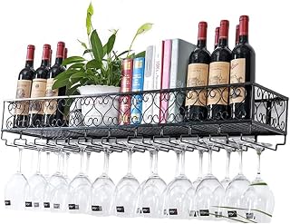 Wall Bottle Holder Floating Wine Rack, Wall-Mounted Wine Glass Holder Vintage Wine Bottle Holder Stemware Rack, Storage Organizer Wall Rack (Color : Black, Size : 60×25cm(24×10)