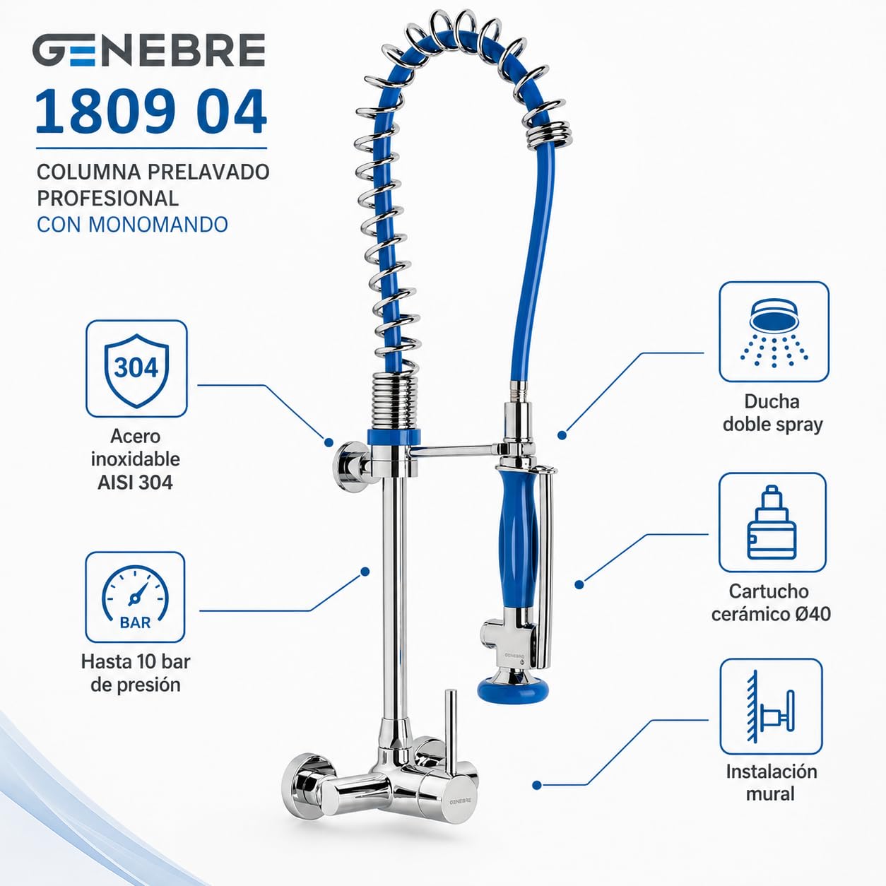 Genebre - Columna Prelavado Cocina Profesional con Grifo Mezclador Mural Monomando | Ducha Industrial con Flexo Acero Inoxidable AISI 304 | Grifo Hostelería Alta Presión