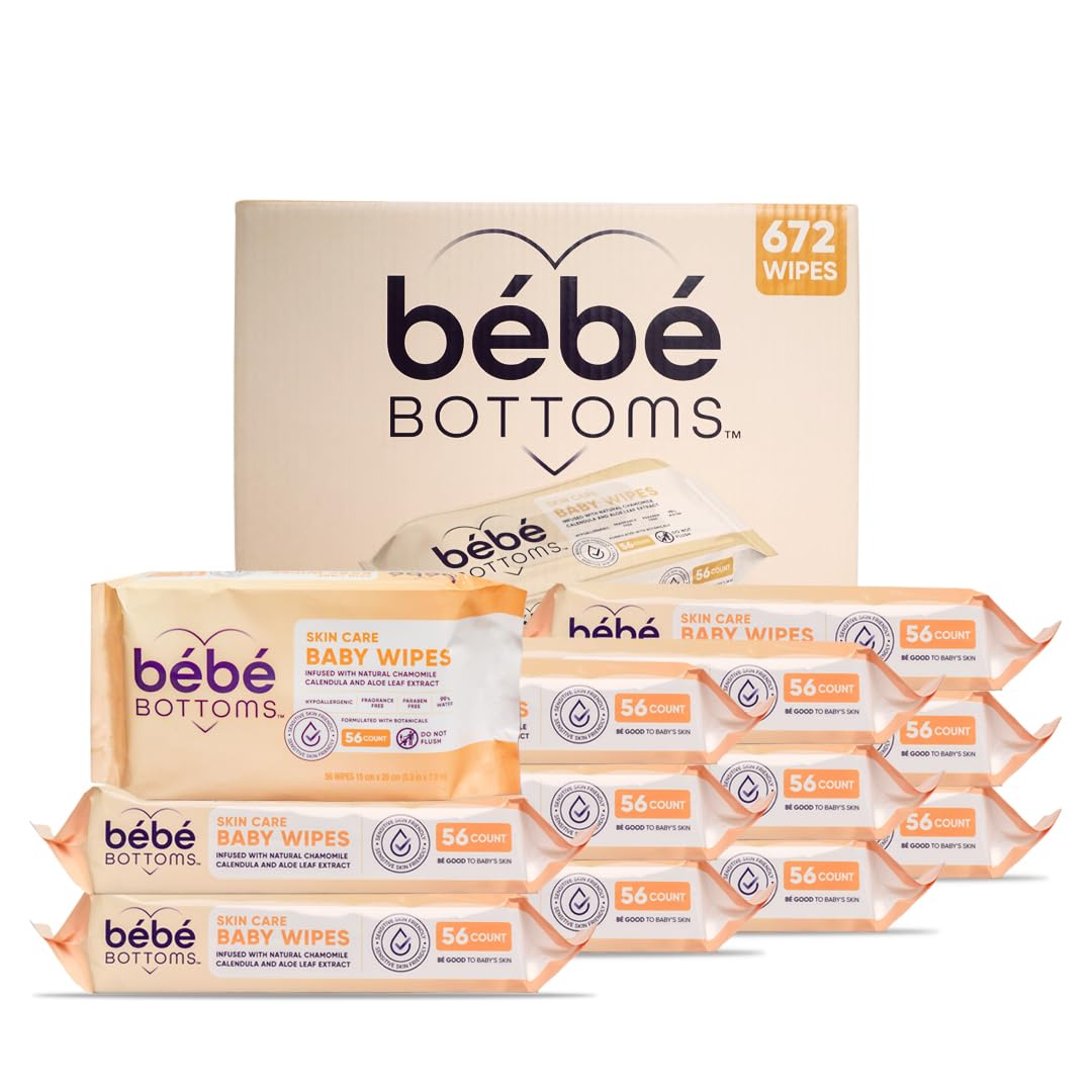 Bébé Bottoms Lingettes hypoallergéniques pour le visage et bébé - Sans parfum et sans paraben - Doux pour la peau sensible - Essentiels de voyage, essentiels pour bébé - Idéal pour les familles en