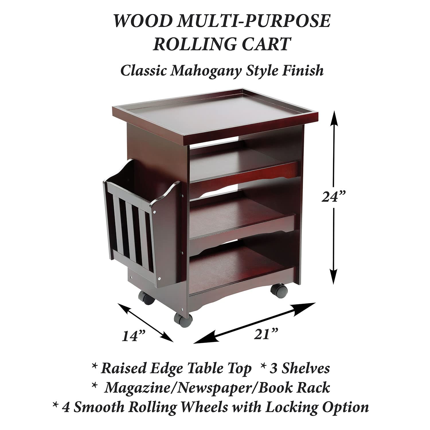 ETNA Rolling Bar Cart Multipurpose End Table with Wheels Narrow Side Table with Magazine Rack, Mahogany Wood Finish, 24