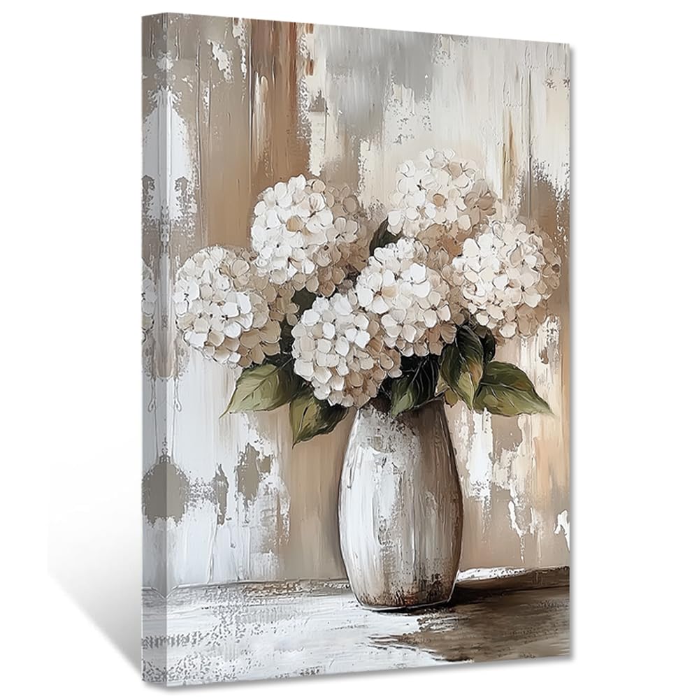 CCWACPP Hydrangea Canvas Wall Art Farmhouse Flower Wall Decor White Hydrangea Pictures Print Vintage Floral Painting Country Living Room Bedroom Decor Framed (30.00 x 45.00 cms)