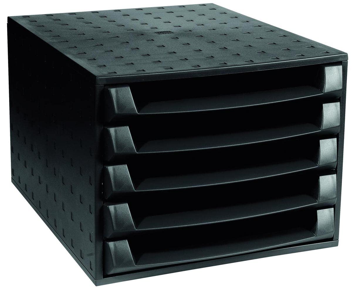 Exacompta 221014D -Módulo individual con 5 cajones para documentos A4+, cajones abiertos, con stop de seguridad -387x284x218 mm -THE BOX - Negro