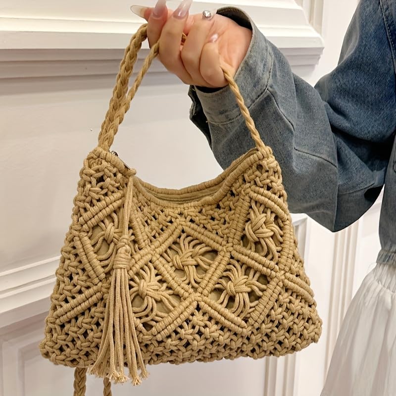 Bolsa feminina de crochê bege macramê boho com borlas