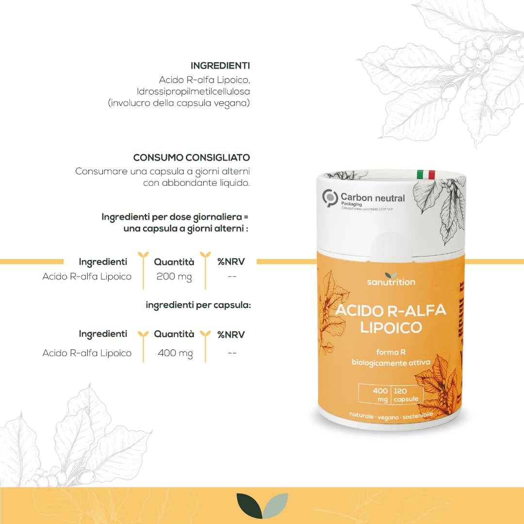 Acido R-alfa-lipoico 400 mg per capsula | 120 capsule | Altamente dosato | con una biodisponibilità particolarmente buona | Vegano | Confezione in carta ecologica al 100%