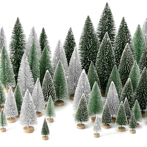 30pcs Mini Christmas Trees Artificial Christmas Tree Bottle Brush Trees with Wooden Base for Christmas Decor Party Home Table Craft Decorations (Silver,Green)