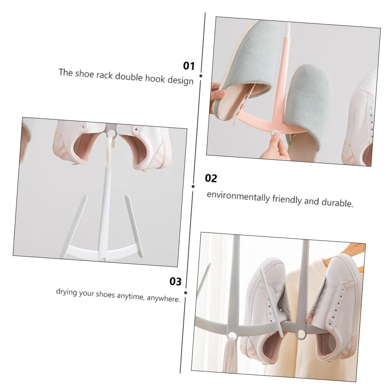 Hemobllo 4PCS Shoe Drying Rack Double Hook Design for Versatile Use Lightweight Space Saving Household Shoe Hanger White Blue Grey and Pink for Quick Drying Anywhere