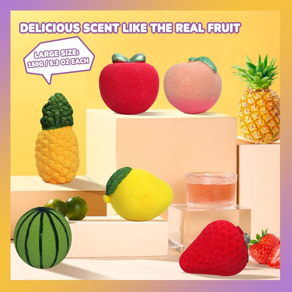 Fruit Family Bath Bomb Set - Extra Large Bath Bombs for Women, Men, Kids - 6 Shaped Bathbombs Giftset, Bath Fizzies, Skin Safe, Natural Scented for Gifts