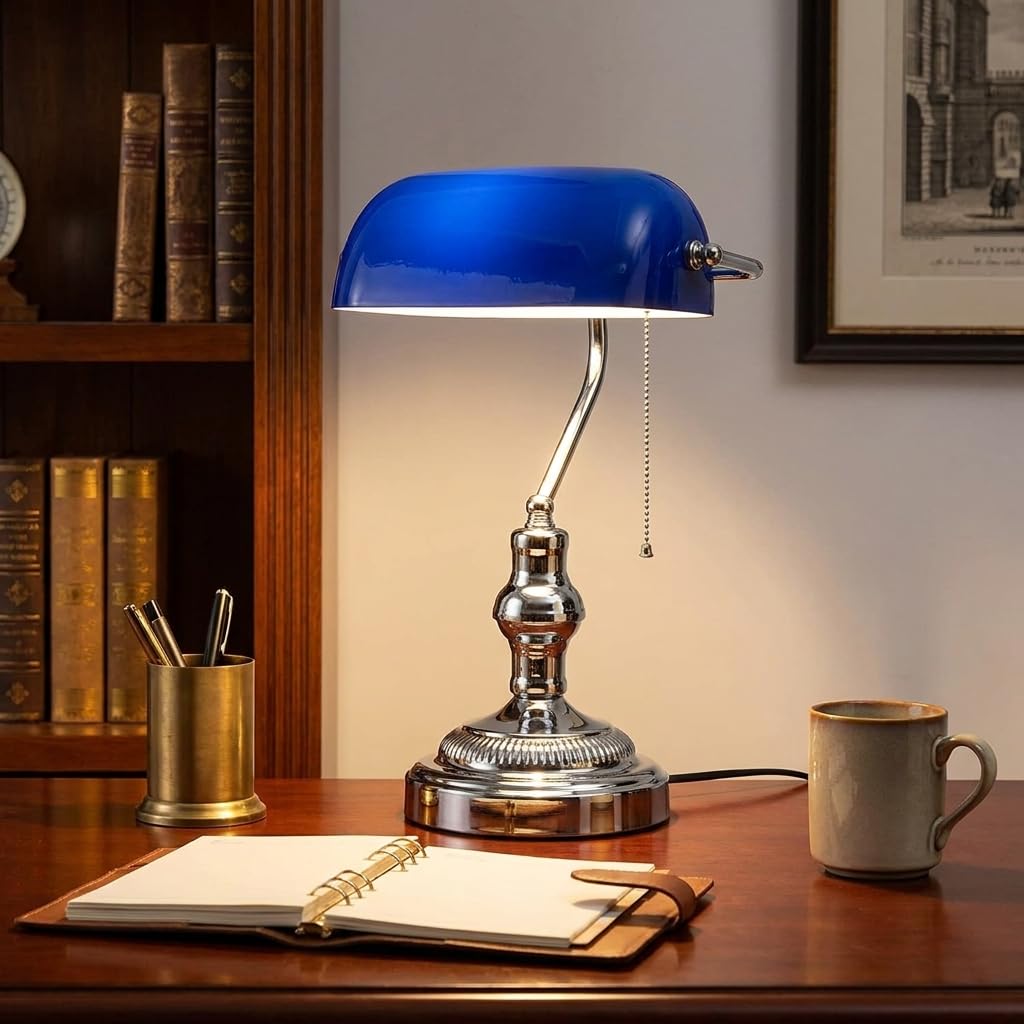 BARCELONA LED Lampada da Tavolo Vintage Stile Banchiere E27 Paralume in Vetro Blu Base in Metallo Cromato Design Nordico Industriale Moderno Classico Scrivania Ufficio Studio Decorazione Retrò