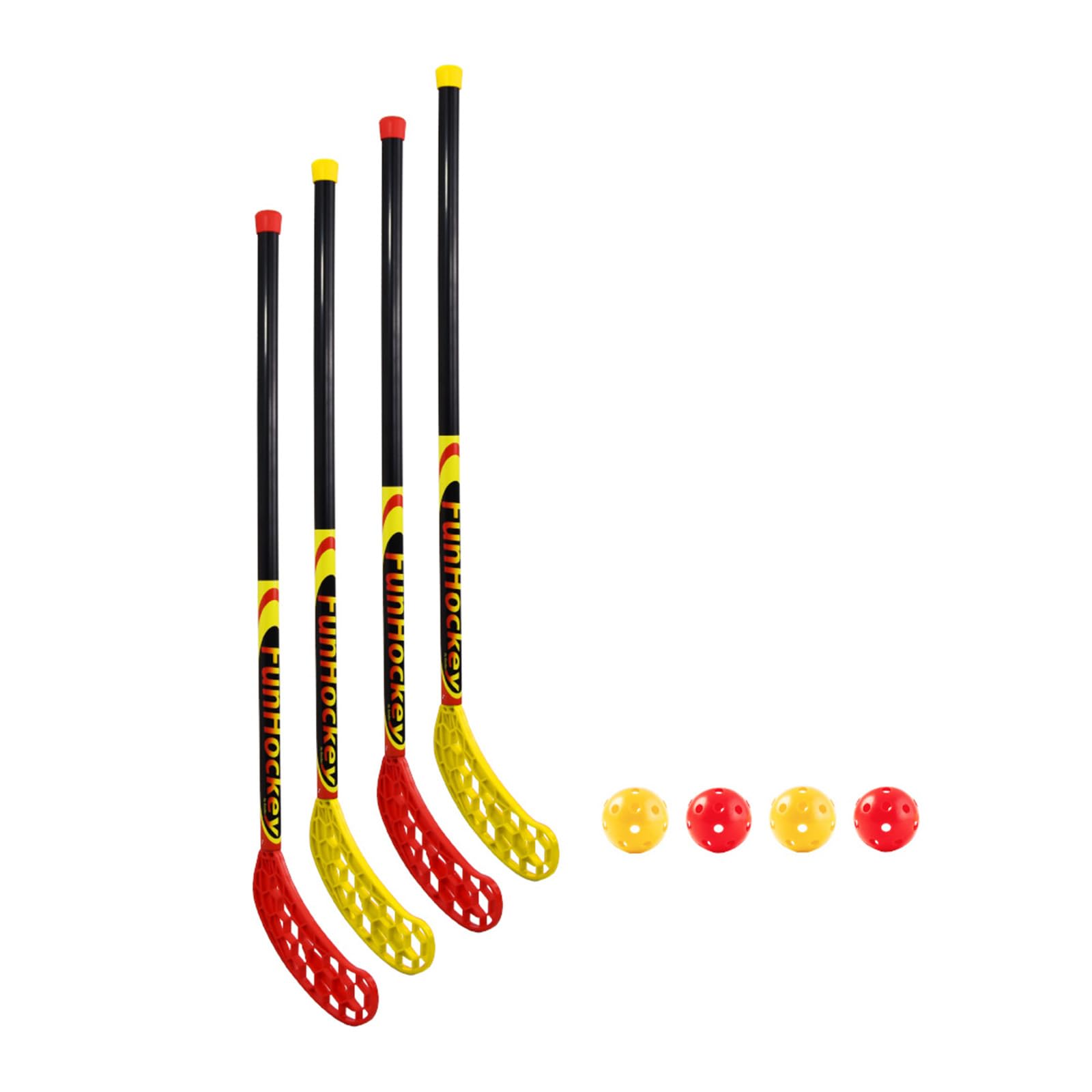 Bandito FunHockey Komplettset, für Kinder, 4 Hockey Schläger, 4 Bälle und 2 Faltbare Pop Up Tore, Floorball Stick, Streethockey, Indoor und Outdoor, Teamsport, Schulen, Garten, wetterfest