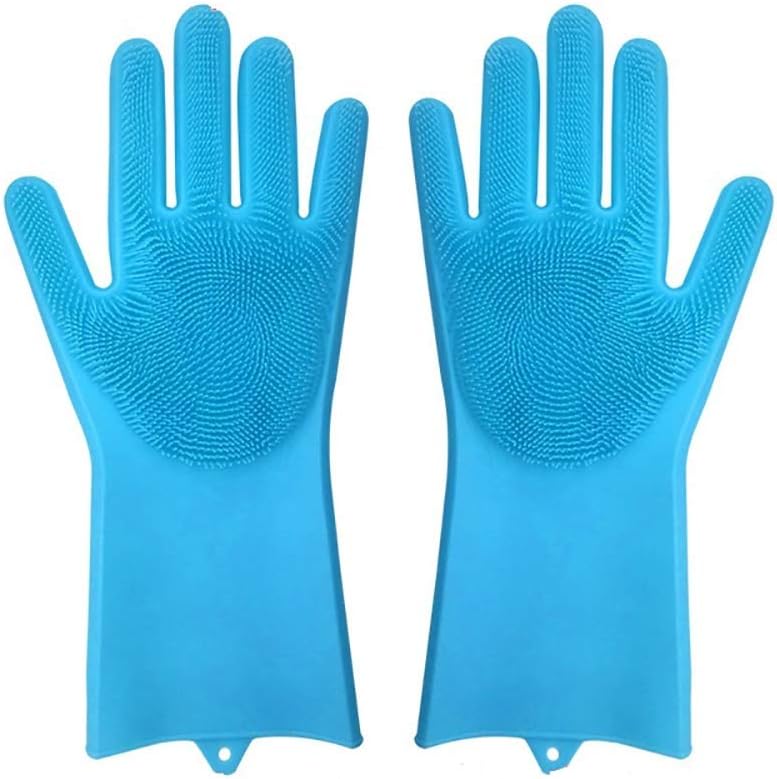EXMART Set of A Pair Magic Silicone Gloves Wash Scrubber Gloves Reusable Cleaning Brush Gloves Heat Resistant Scrub Rubber Glove for Dish Washing(Blue)