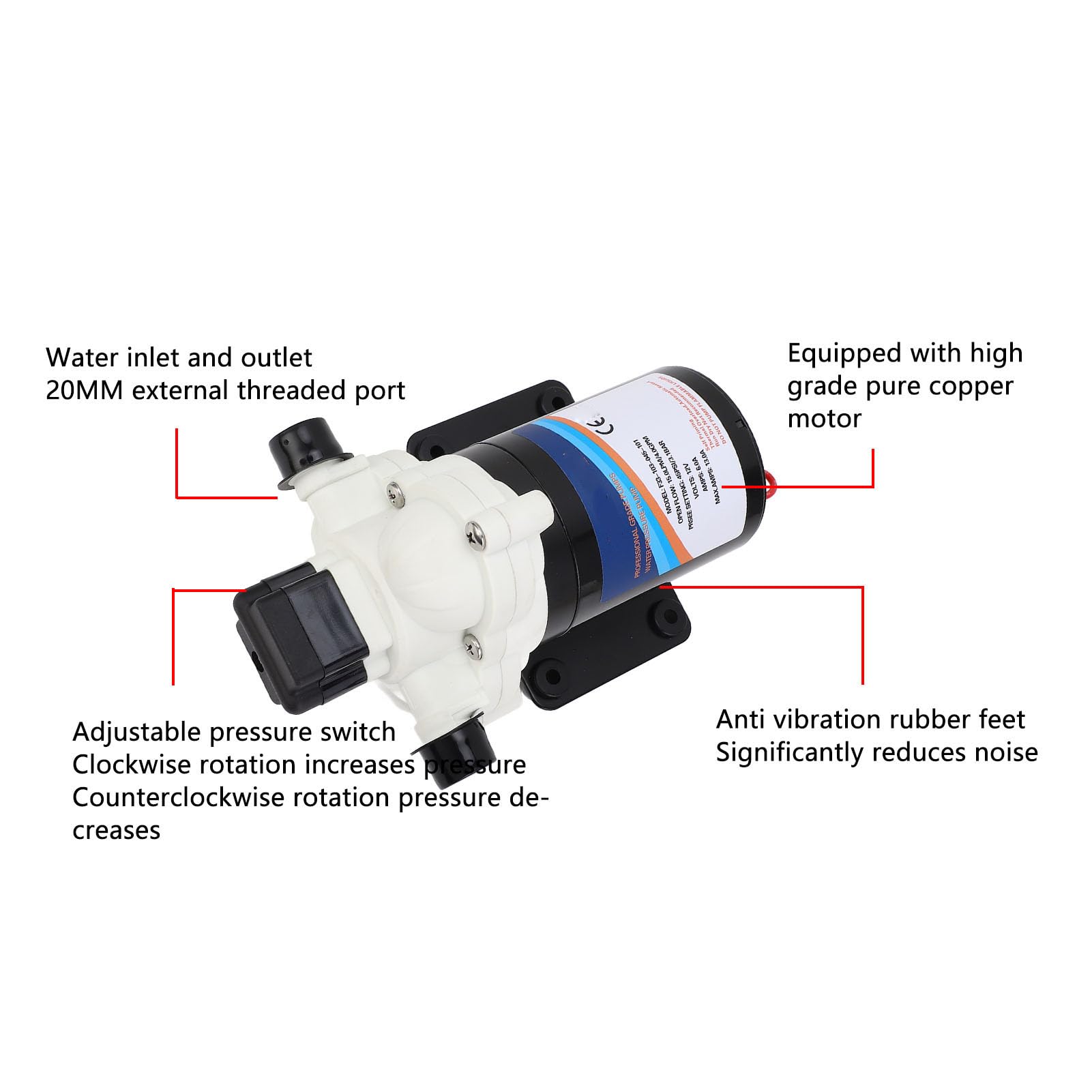 Pompa RV, 12V DC 4.0 GPM 45 PSI Samozasysająca Pompa Membranowa do Przyczepy Kempingowej RV Marine Yacht, Praca Przy Niskim Poziomie Hałasu, Automatyczne Uru