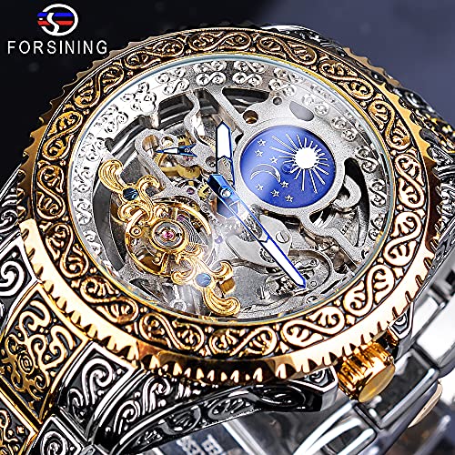 Forsining 60301 Retro Watch For Men Carved Self-Wind Mechanical Tattoo Tourbillon Moon Phase Independent Seconds Skeleton Automatic Big Dial Wrist Watches,Gold thumb #1