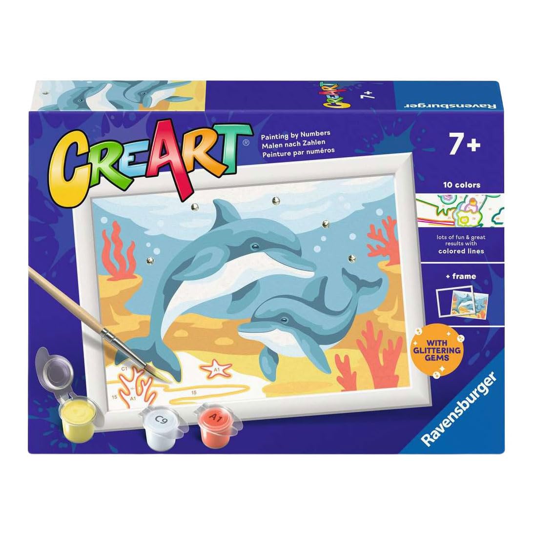 Ravensburger - CreArt E Series - Happy Dolphin | Paint by Numbers | Paint Kit | Measures 13.20 x 9.50 | Children's Games 7 Years | Gift Ideas | Child Gift 7 Years