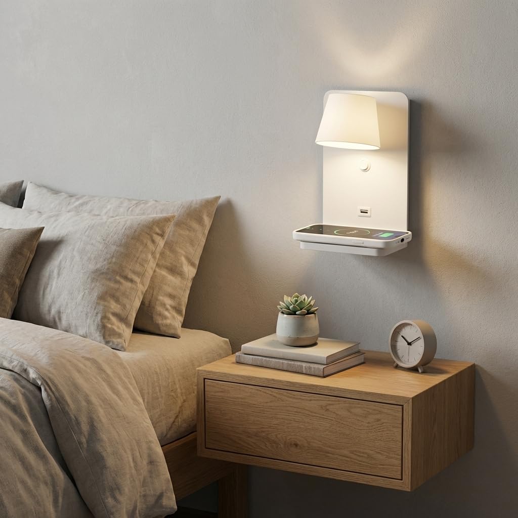 BARCELONA LED Wandleuchte "BASKOP W" Leselampe 6 W schwenkbar Kabellose Ladestation + USB-Port Moderne Wandleuchte ideal für Kopfteil, Schlafzimmer oder Schreibtisch