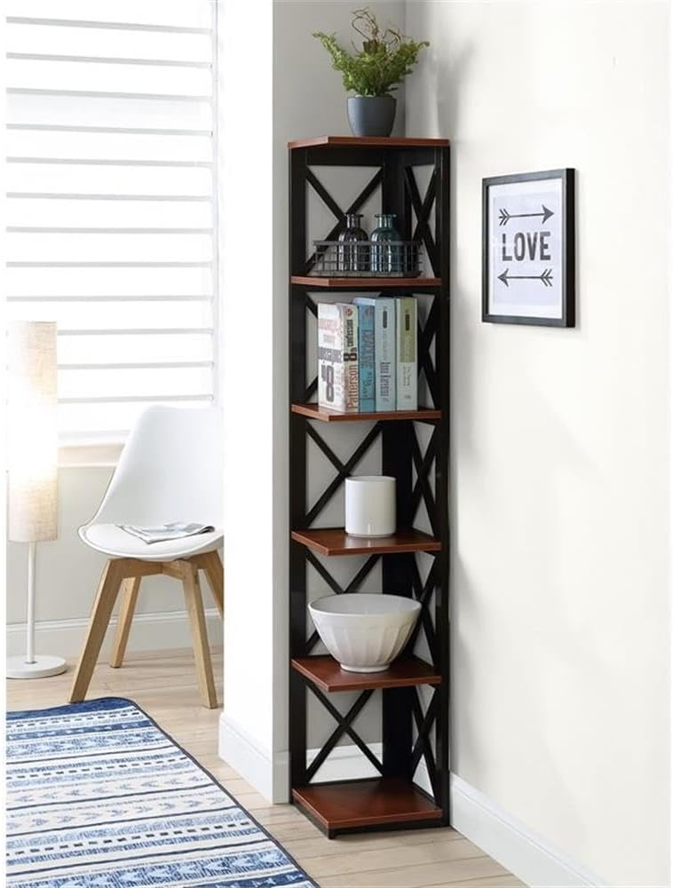 Pemberly Row Five-Tier Corner Bookcase in Cherry and Black Wood