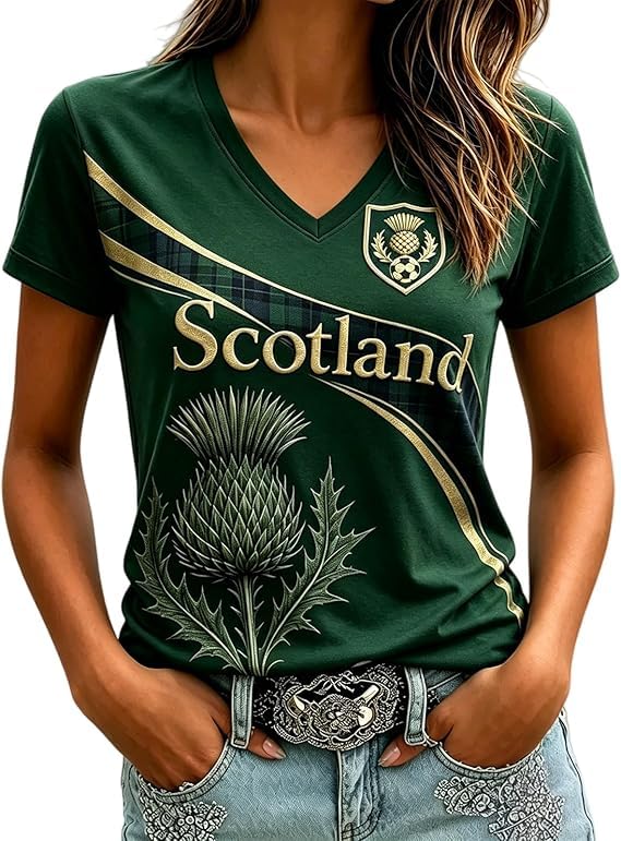 Scotland Fan Football Shirt Womens World Cup 2026 Short Sleeve Jersey Retro Graphic Printed V-Neck England Football Top Ladies Scotland T-Shirt Lightweight Fashion Summer Sports Clothing