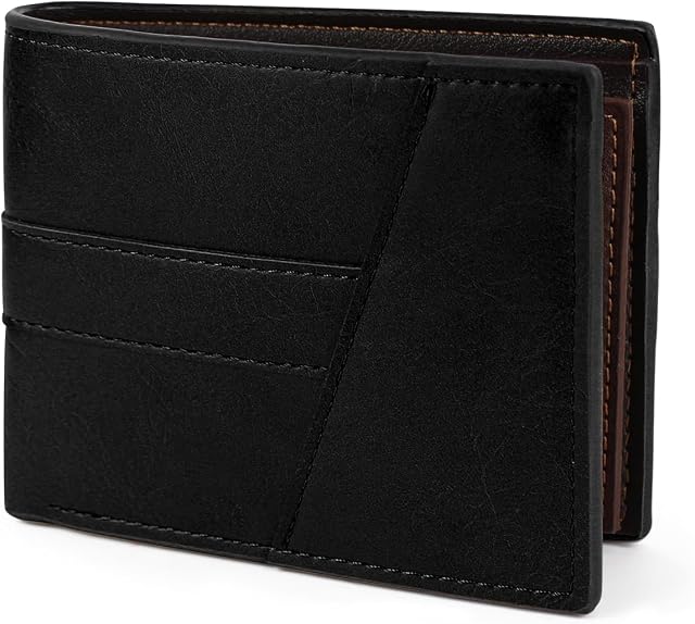 Wallet Men, Leather Slim Bifold Wallet for Men, Minimalism Credit Card Wallet with Zipper Coin Bag and ID Window (Black)
