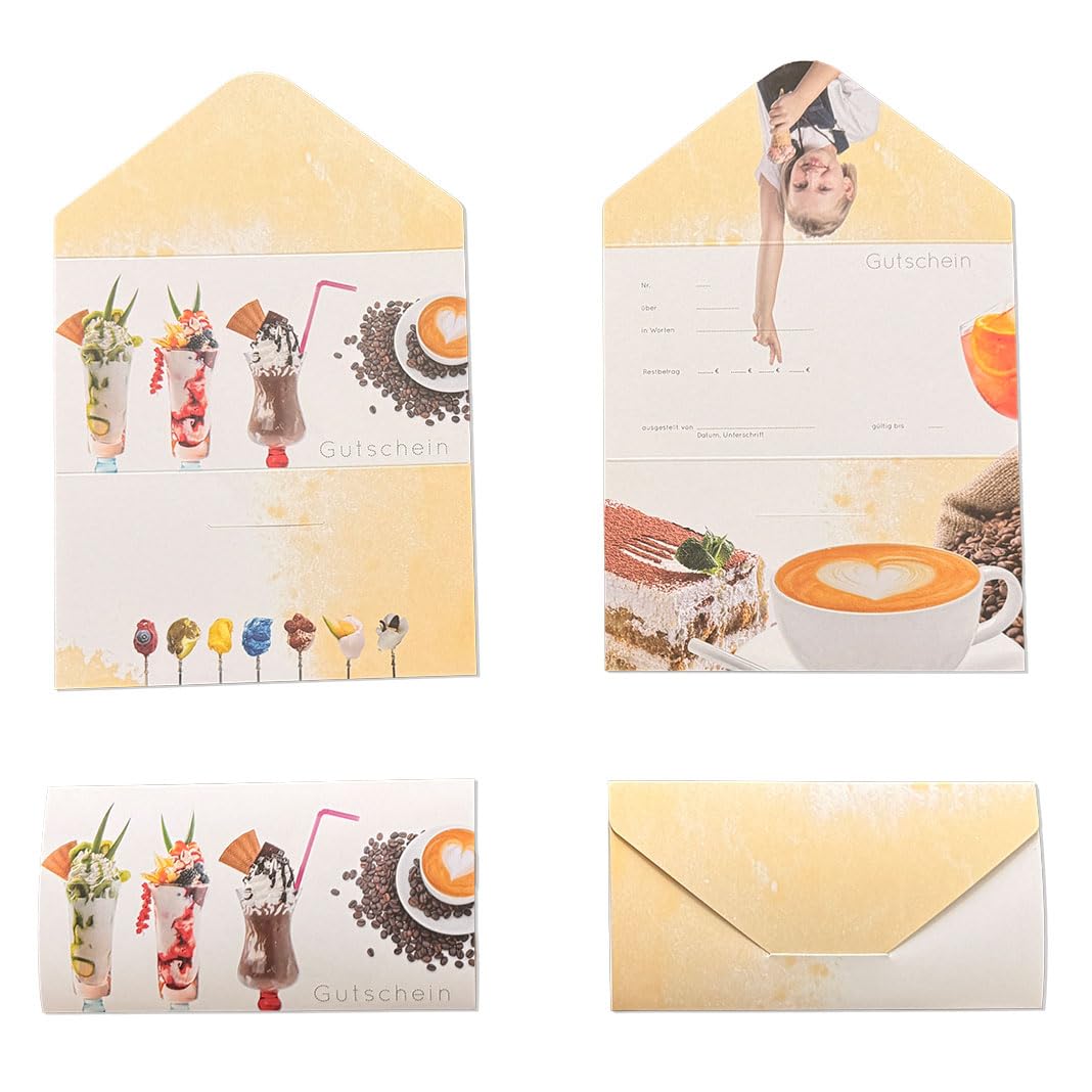Eis Gutscheine, 50 Stück, DIN Lang, 21 x 10 cm, beschreibbar, fester 350g Karton, sehr hochwertig und gut beschreibbar, Werbung für Eisdiele Eiscafe Eiswagen Eiskarte Speisekarte