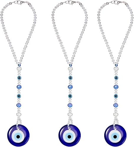 3 piezas de adorno colgante de ojo turco para automóvil, cuentas de cristal, dijes de ojo azul malvado, decoración de espejo de automóvil, adorno
