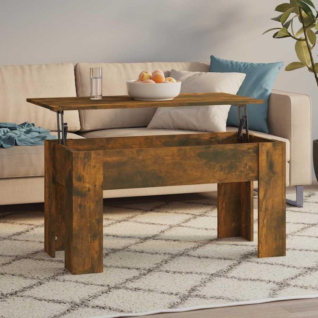 Mesa de centro de madera de roble ahumado, 101 x 49 x 52 cm, altura regulable, con espacio de almacenamiento, cajón, diseño moderno para salón, sofá, sala de estar y TV