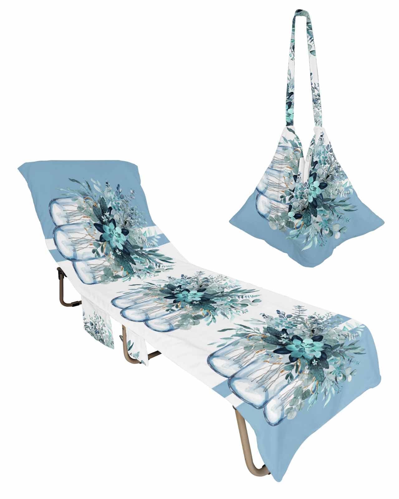 Beach Pool Patio Lounge Chaise Chair Cover Towel with Pockets,Blue Eucalyptus Absorbent & Quick Dry Microfiber Towel Cover Bag Summer Travel Accessories Country Leaves Watercolor Geometric Striped