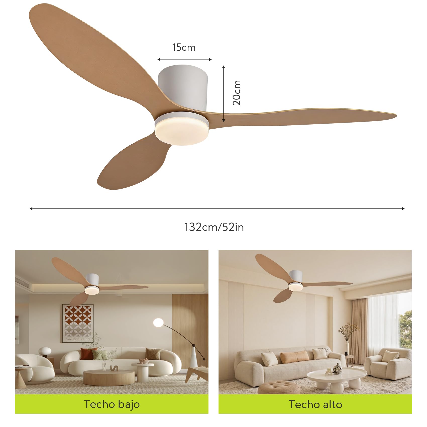 Ventilador de Techo Grande con Luz y Mando 132cm (52"), Motor DC Silencioso, 3 Aspas Plástico Efecto Madera Clara, LED Regulable, Estilo Nórdico para Salón, Blanco y Madera