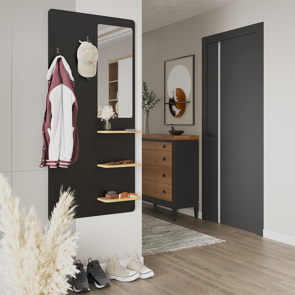 Vicco Appendiabiti da parete Jochen, Nero/quercia, 70 x 150 cm con specchio, da parete con ripiano per scarpe e borse