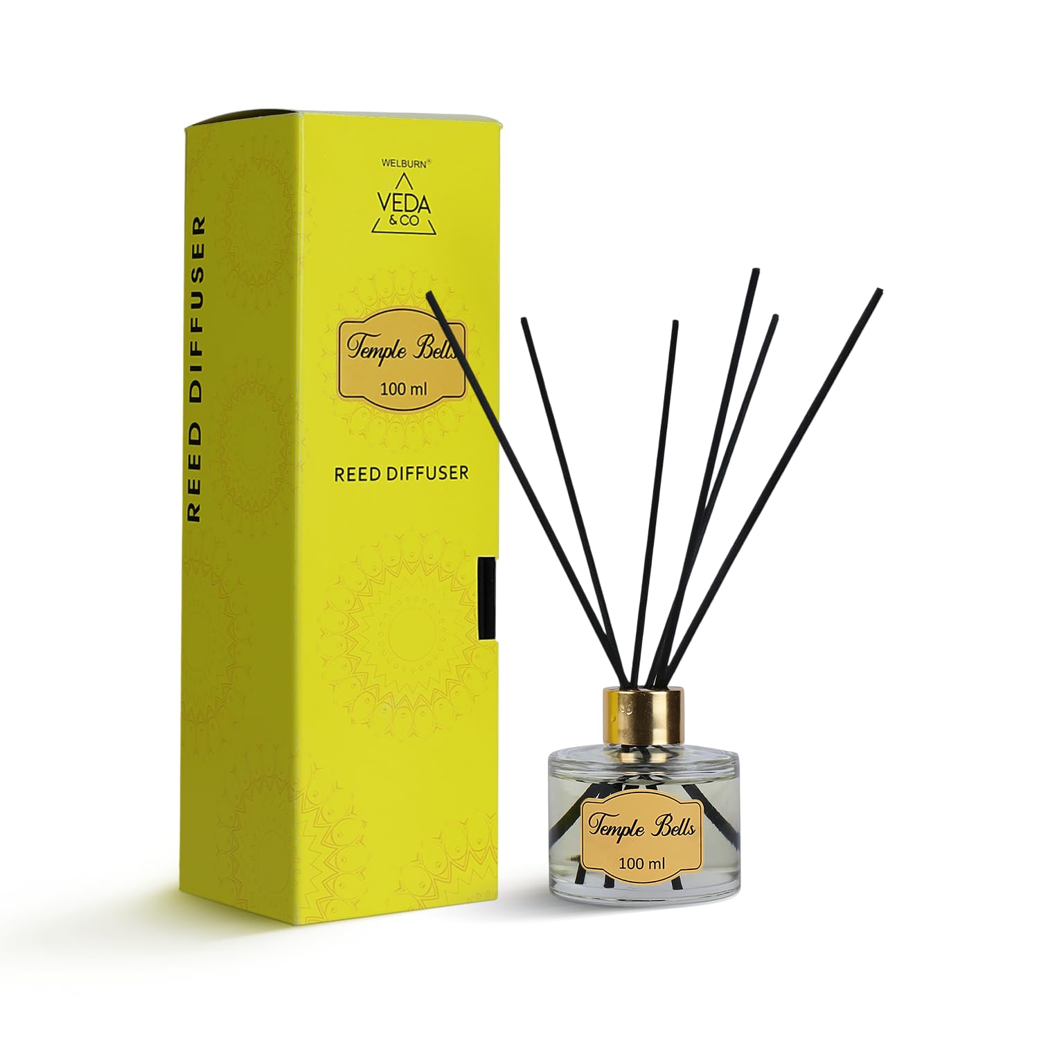 Welburn Veda&Co®Temple Bells Scented Reed Diffuser 100ml | Long Lasting Aromatic Fragrance for Home Office Living Room Bedroom | Spiritual Air Freshener Decor | 6 Free Reeds | Ready-to-Use Oil Blend