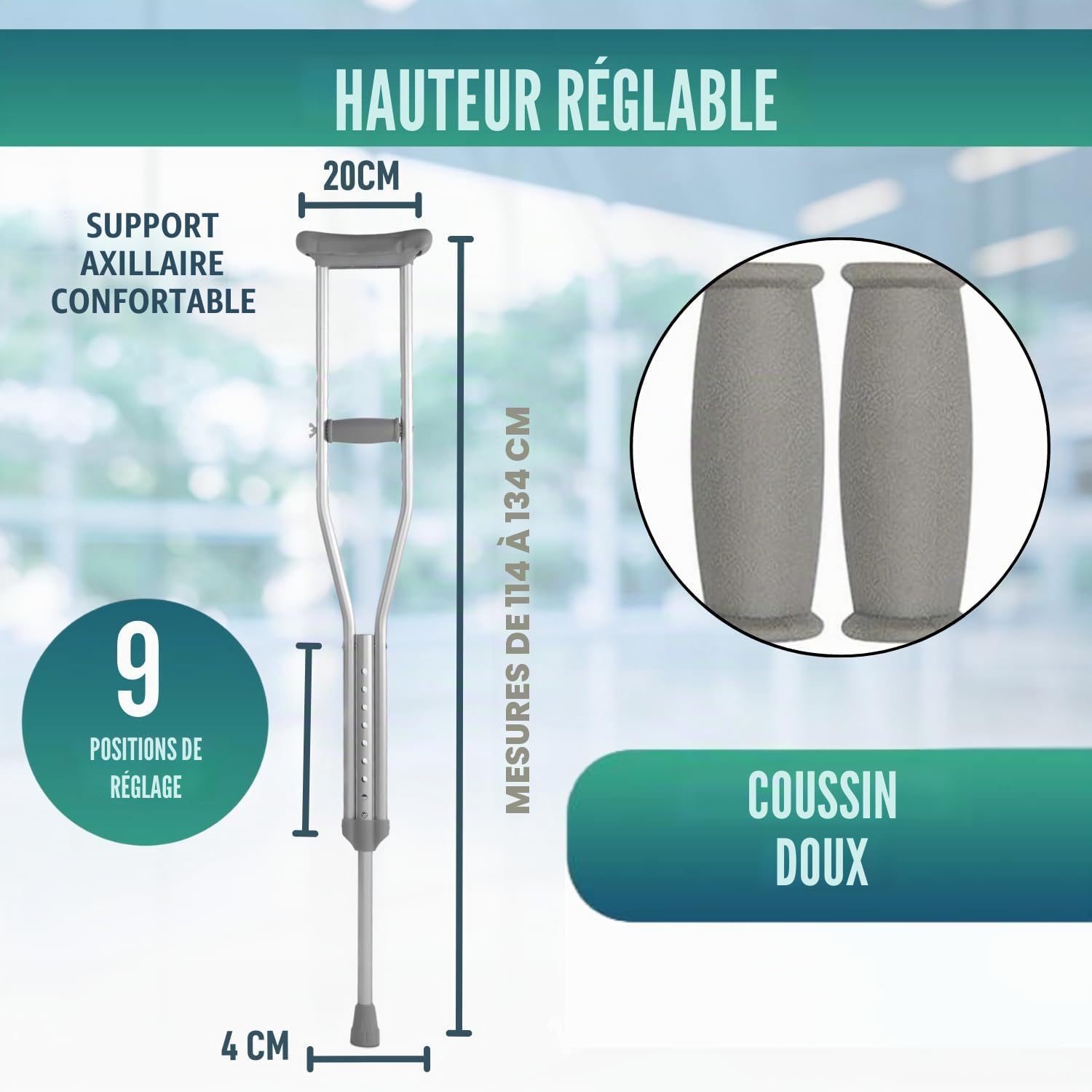 OrtoPrime Béquilles Médicales Adultes x2 – Béquille Médicale Réglable en Aluminium Léger – Canne Anglaise Confortable pour Femme & Homme – Béquilles Orthopédiques Sécurisées