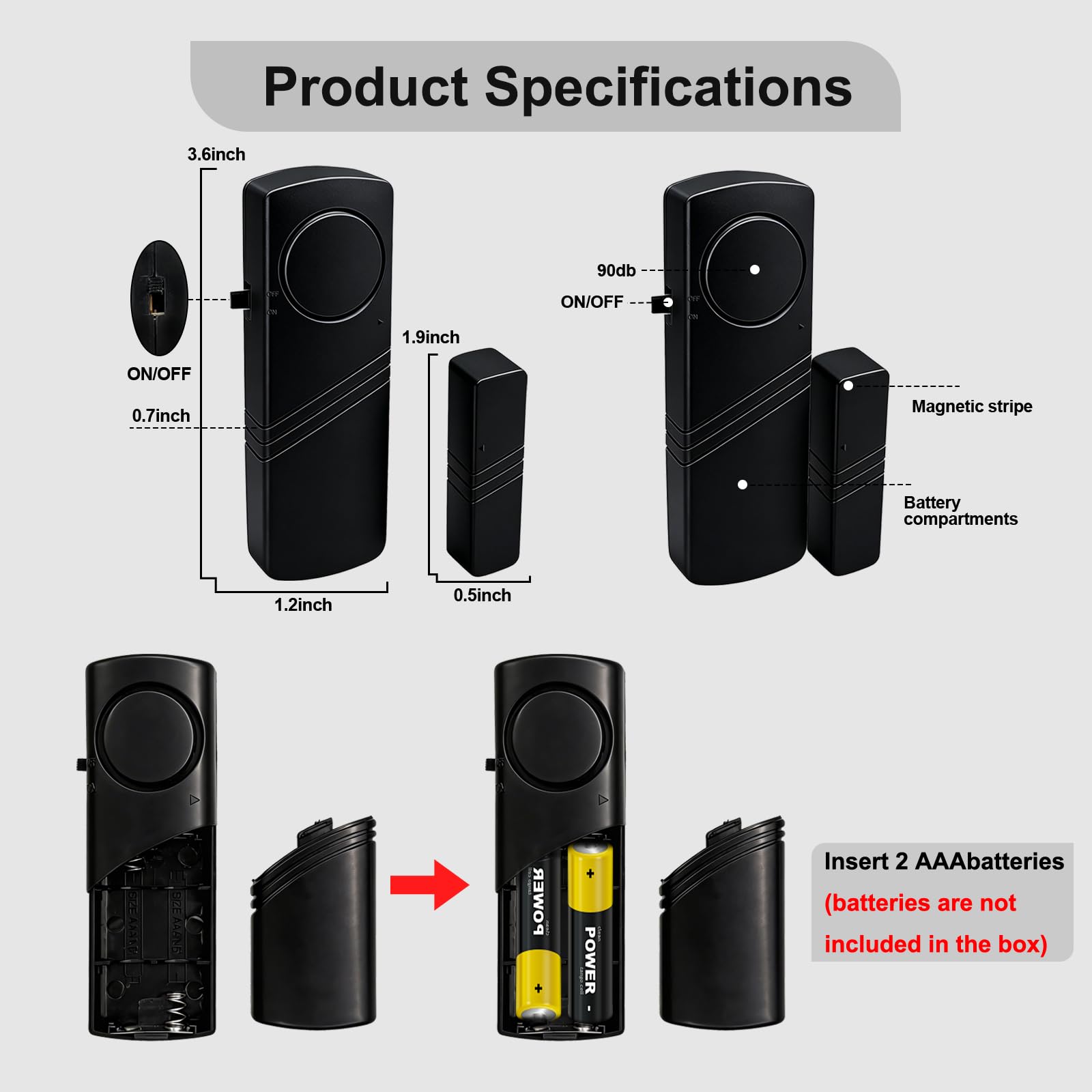 Alarma de puerta y ventana, sensor de seguridad para el hogar de 90 dB para seguridad de los niños, alerta de robo para casa, apartamento, oficina, hotel y ventana de piscina, color negro (paquete de