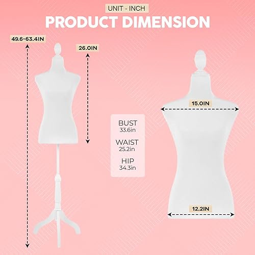 Miniatura 6 de Forma de vestido de maniquí de 49.6 a 63.7 pulgadas, altura ajustable, cuerpo de maniquí, espuma de alta densidad con trípode de madera, base de