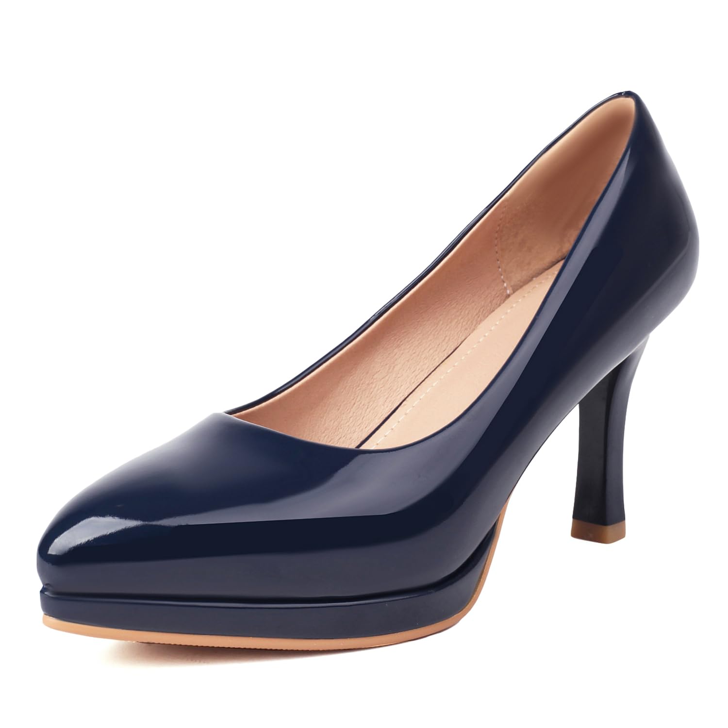 XIEDA Women's Pointed Toe Low Platform High Heels 3 Inch Patent Leather Pumps Classic Elegant for All Occasions
