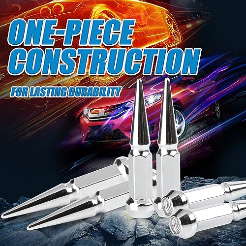 Image of JiiinMiiin M10x1.25 Long Steel Spike Lug Nuts, Thread Pitch 10x1.25, Set of 16 ATV Wheel Nuts with A Socket. [Chrome]