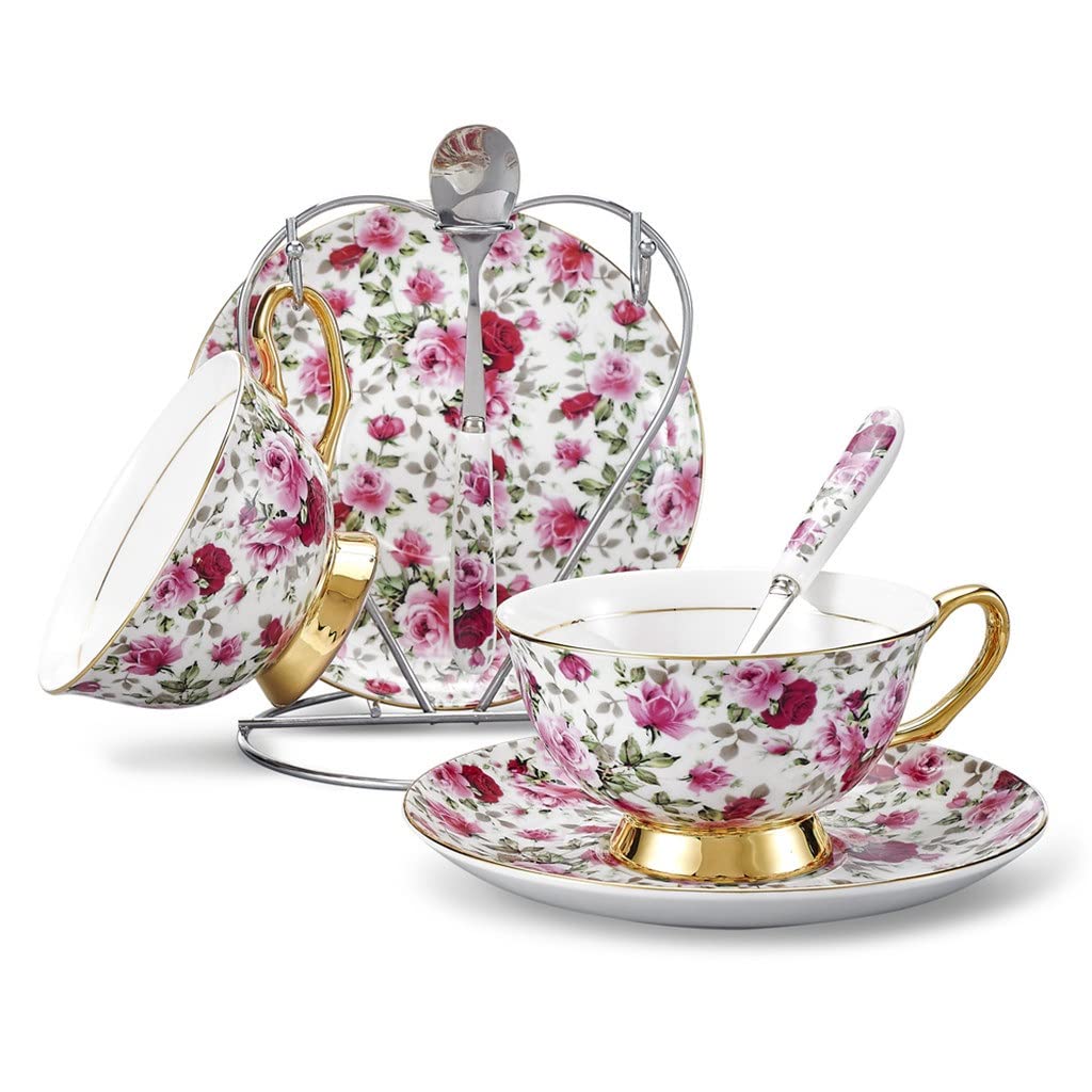 Kwiatowy wzór europejski styl porcelana kostna popołudniowa herbata kubek do kawy zestaw upominkowy z spodkiem i łyżką i podstawką żelazną