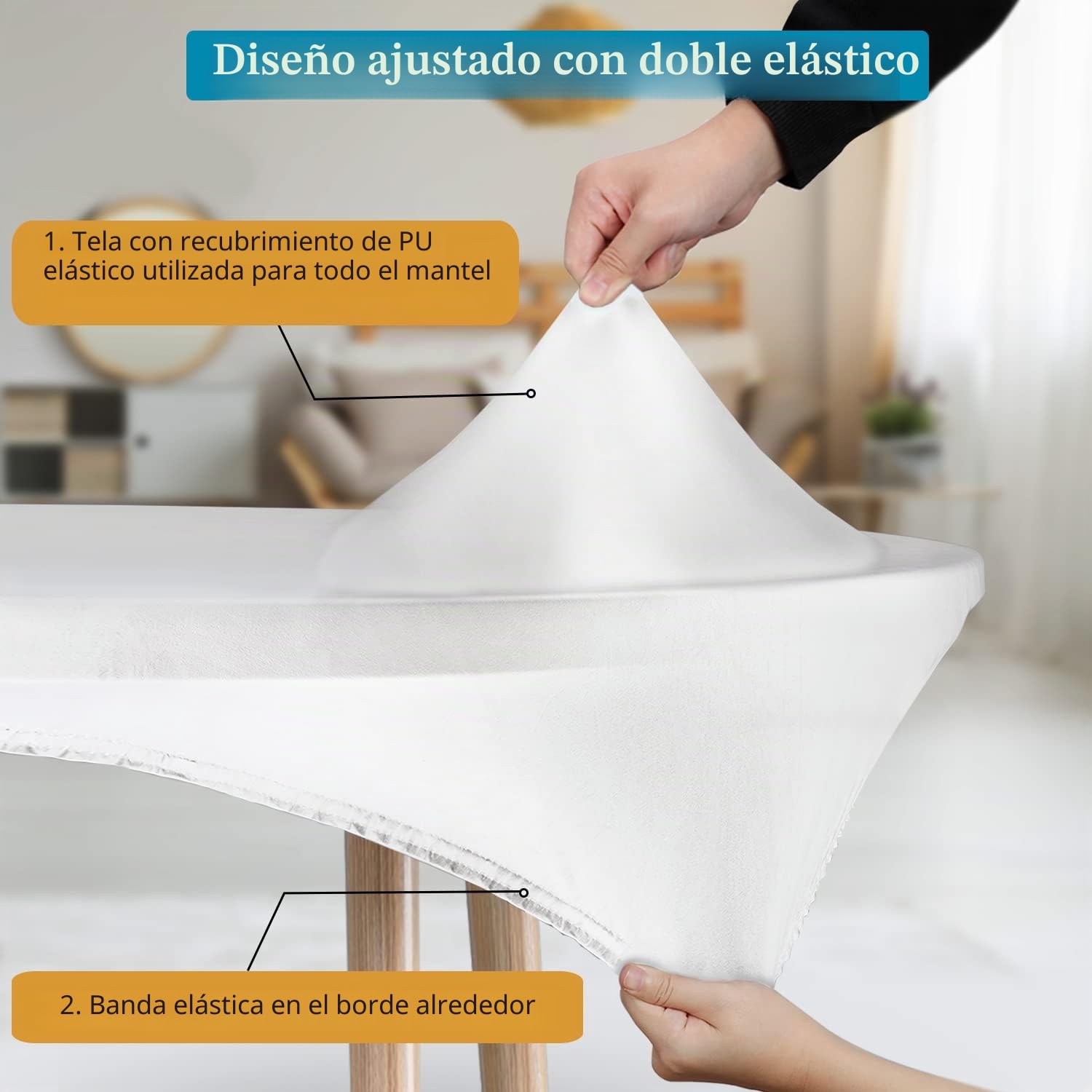 Mantel Ajustable Redondo de Poliuretano con diseño Doble, elástico antidesgarros, Ajustable Suave al Tacto, Impermeable a Prueba de Aceite (Blanco, 145-152cm)