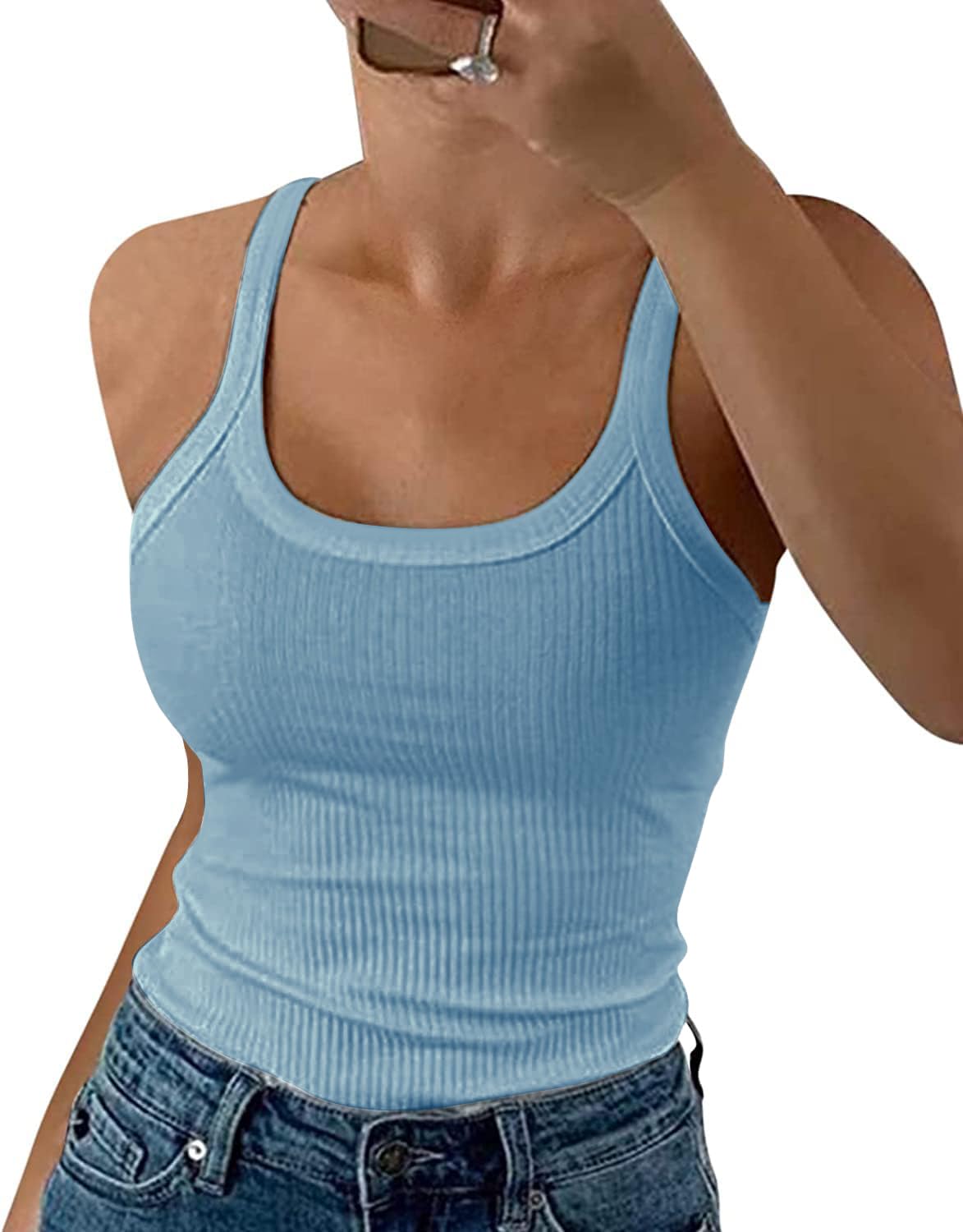 DUOEASE Spaghetti Top Damen Sommer 2025 Gerippt Rundhals Tank Top Basic Einfarbig Slim Fit Stretch Top
