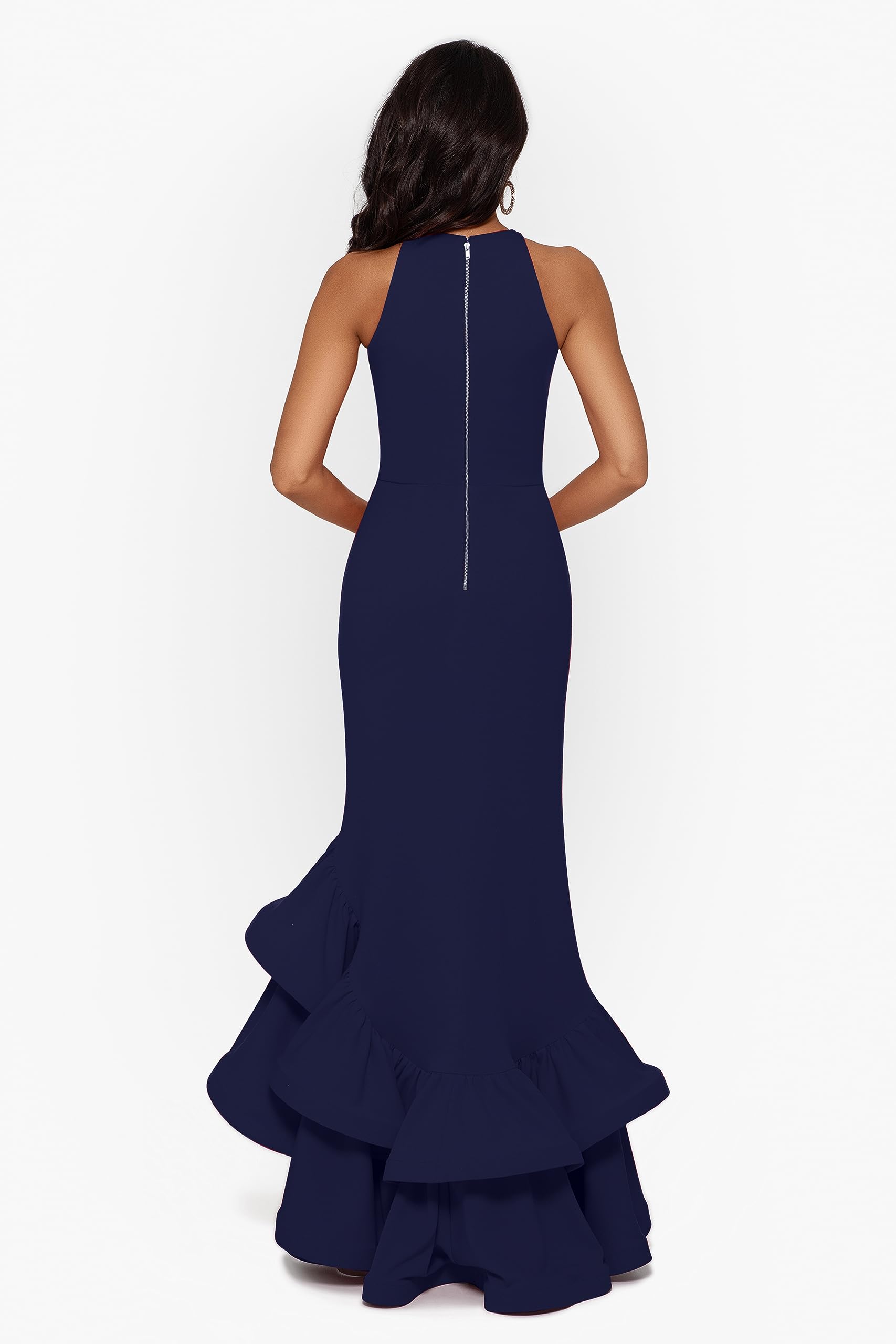 Betsy & Adam Womens Long Sleeveless Stretch Scuba Crepe Ruffle DressSpecial Occasion Dress: 8 Petite Navy
