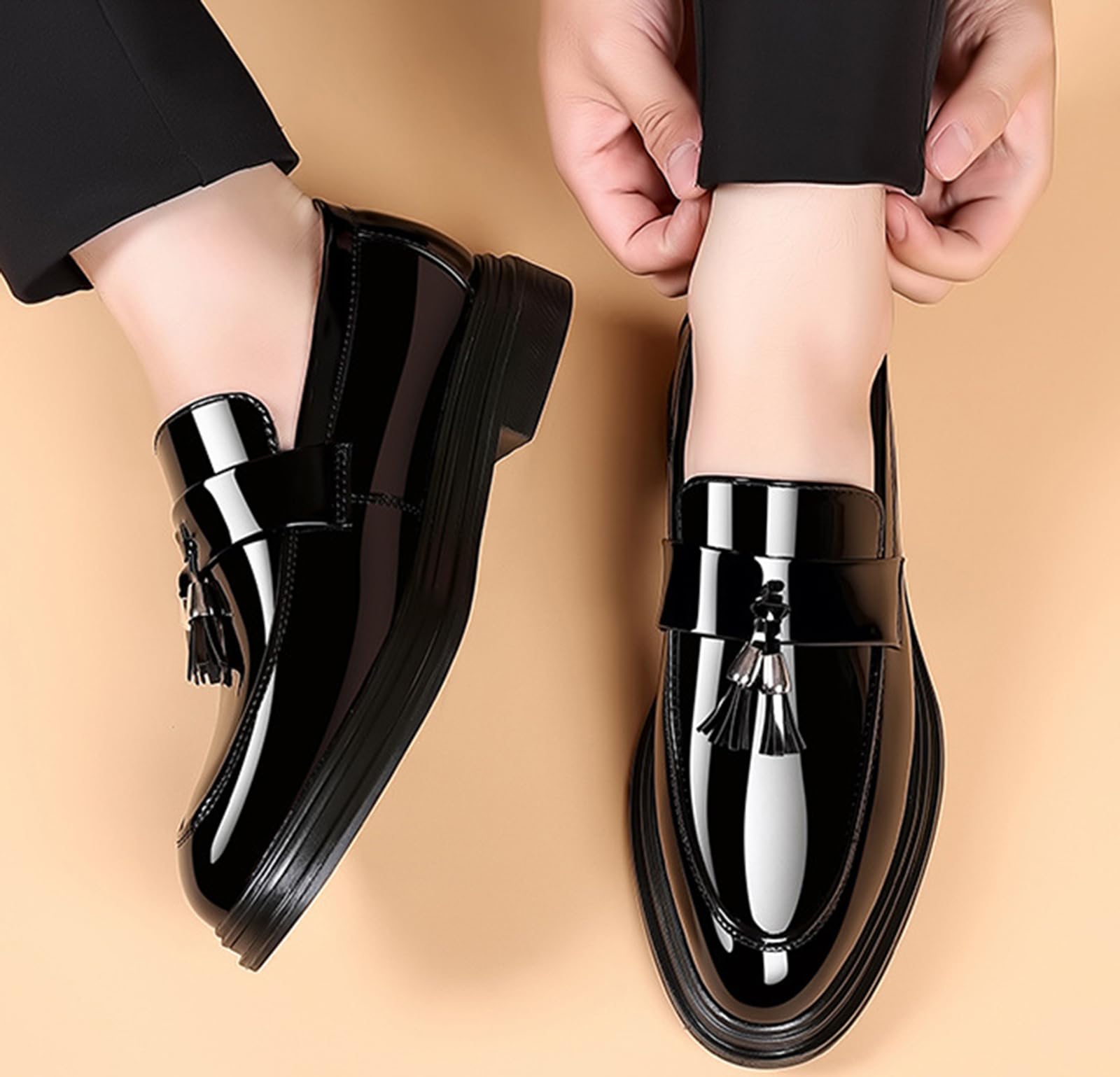 Mocasines Hombre con Borlas Zapatos de Vestir Brillantes Casual Boda Negocios Suela de Goma Punta Redonda